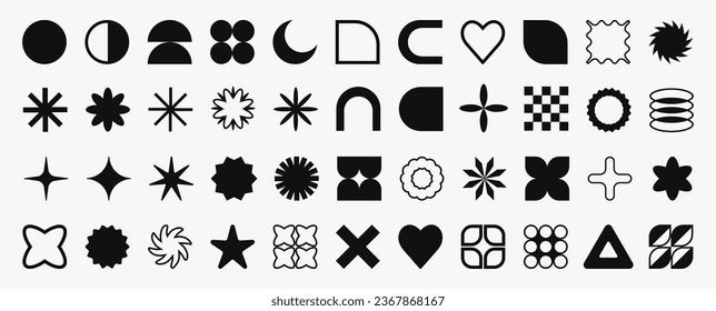 Set of black brutalist abstract geometric shapes and forms. Brutal contemporary figures, stars, flowers and other primitive elements. Trendy Y2K signs and symbols.