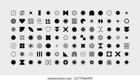 set of black brutalist geometric shapes on white background trendy minimalist basic figures modern graphic design element on black background vector illustration