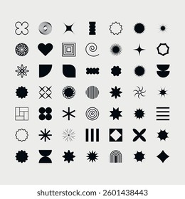 set of black brutalist geometric shapes on white background trendy minimalist basic figures modern graphic design element on black background vector illustration