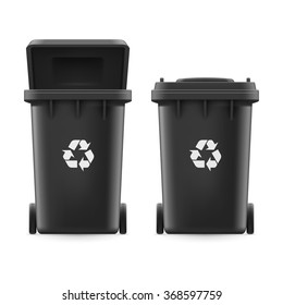 Set of black buckets for trash with sign arrow