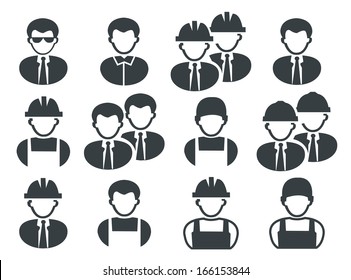 set of black buildings men icons