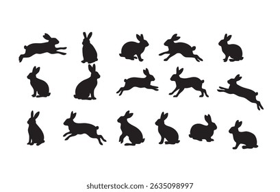 Set of black bunny silhouettes in various poses. Vector illustration of rabbits running, sitting, and hopping. Perfect for animal graphics, wildlife icons, Easter decorations, stencils, and nature.