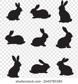 A set of black bunny silhouettes in various poses.  rabbit isolated farm animal realistic silhouette icon vector collection.