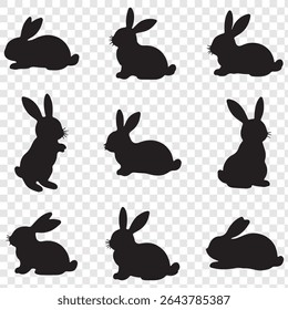 A set of black bunny silhouettes in various poses.  rabbit isolated farm animal realistic silhouette icon vector collection.