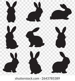 A set of black bunny silhouettes in various poses.  rabbit isolated farm animal realistic silhouette icon vector collection.