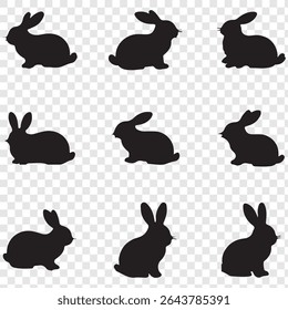 A set of black bunny silhouettes in various poses.  rabbit isolated farm animal realistic silhouette icon vector collection.
