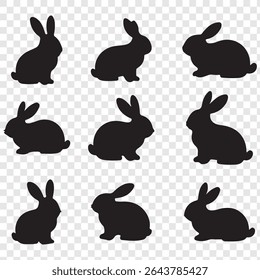 A set of black bunny silhouettes in various poses.  rabbit isolated farm animal realistic silhouette icon vector collection.