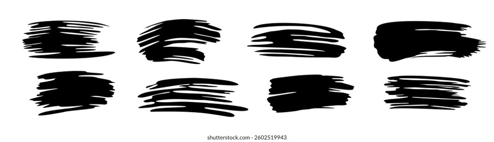 Set of black bush strokes in vector format, perfect for digital art, calligraphy, ink textures, grunge design, abstract backgrounds, and artistic brushstroke effects