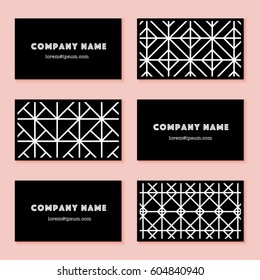 Set of black business cards with geometrical line elements. Vector pattern are seamless and make mask for easy editing