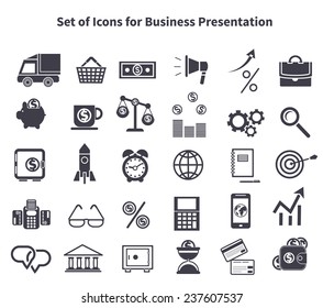 Set of black business icons. Items such as car, delivery, bag, shopping cart, basket, money, dollar, megaphone arrow percent briefcase pig moneybox on white background