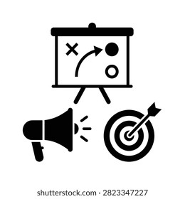 A set of black business icons representing marketing strategy, communication, and target achievement.