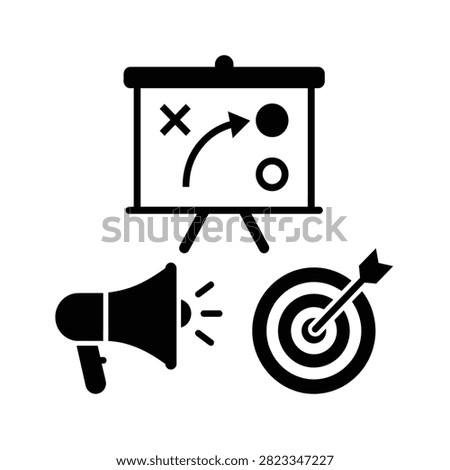 A set of black business icons representing marketing strategy, communication, and target achievement.