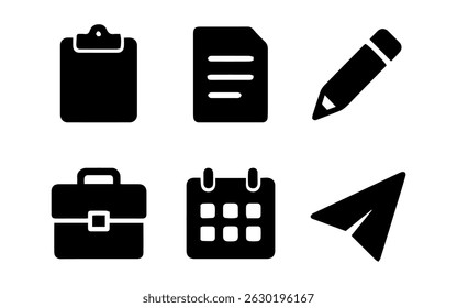 A set of black business and office icons on a white background, representing work tools and planning.