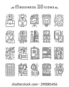 Set of black business thin, lines, outline icons for marketung, production, account, balance, accounting, management on white background. For web and mobile applications 