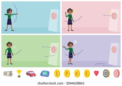 A set of Black business women aiming with a bow and arrow.It's vector art so easy to edit.