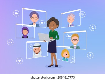 A set of Black business women communicating online using a laptop.It's vector art so easy to edit.