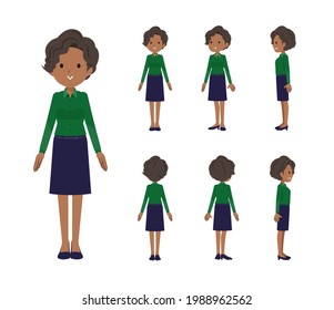 A set of Black business women standing.Front, side and back angles.It's vector art so easy to edit.