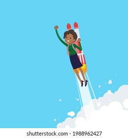 A set of Black business women taking off with a rocket jet.It's vector art so easy to edit.