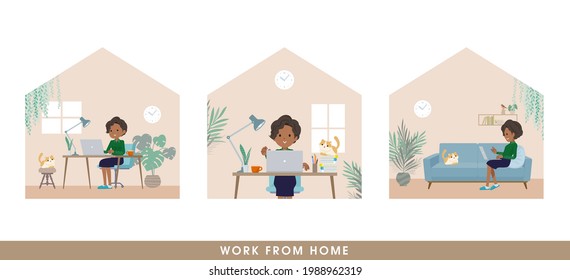 A set of Black business women working from home. It's vector art so easy to edit.