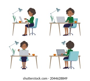 A set of Black business women working at a desk at a computer.It's vector art so easy to edit.
