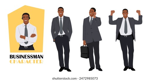 Set of black Businessman character in different poses. Handsome african american man wearing formal suit standing, using phone. Vector realistic illustration isolated on white background.