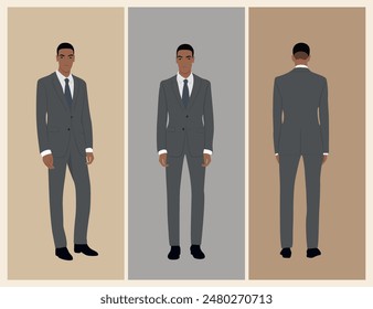 Set of black Businessman character in different poses. Handsome african american man wearing formal suit standing front, side, rear view. Vector realistic illustration on isolatedd.