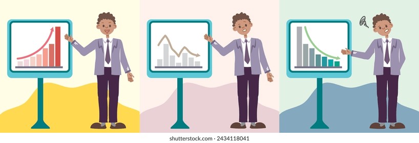 Conjunto de hombre de negocios negro presente el crecimiento, la disminución y la lentitud de la rotación del gráfico o la flecha del gráfico de beneficios. Representación de oficinista africano de estilo plano. Informe comercial. Presentación financiera. vender