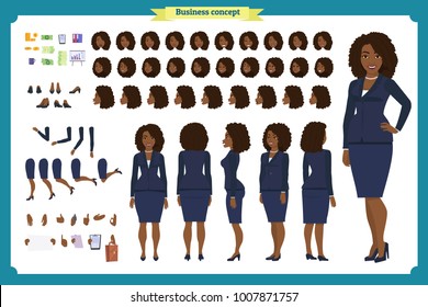 Set of Black Businesswoman character design.Front, side, back view animated character.Business girl character creation set with various views, poses and gestures.Cartoon style, flat vector isolated.  