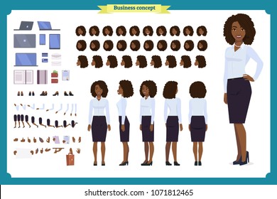 Set of Black Businesswoman character design.Front, side, back view animated character.Business girl character creation set with various views, poses and gestures.Cartoon style, flat vector isolated. 