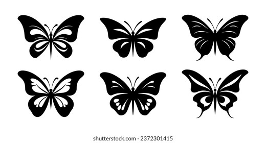 Conjunto de mariposas negras. Se puede usar como icono, signo o símbolo - silueta de mariposa. Ilustraciones vectoriales aisladas en fondo blanco. Logo simple de la mariposa negra.