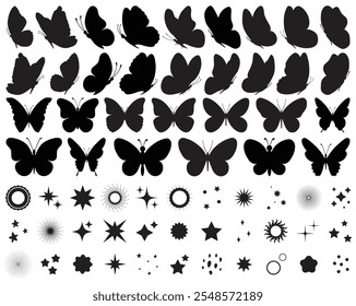 Conjunto de mariposas negras, colección de siluetas. Color negro de la mariposa, forma voladora, diseño de Vector. Contornos de mariposa monarca modernos Abstractas para la decoración. Brillo mágico, brillo, estrellas, brillo conjunto