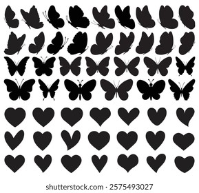 Set of black butterflies and hearts symbols, collection of silhouettes. Butterfly black color, flying shape, vector design. Abstract modern monarch butterfly contours for decoration. Soul, vital organ