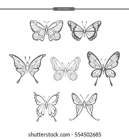 Set black butterflies isolate on white background. Hand drawing. Vector illustration EPS10.