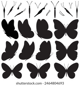 Set of black butterflies isolated on white background, collection of silhouettes. Butterfly black color, flying shape, vector design. Abstract modern monarch butterfly contours for decoration design