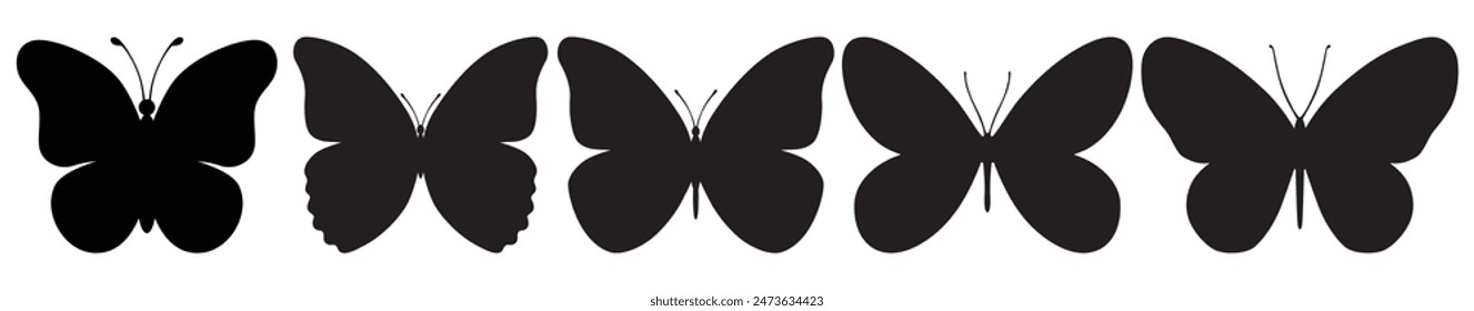 Set of black butterflies isolated on white background, collection of silhouettes. Butterfly black color, flying shape, vector design. Abstract modern monarch butterfly contours for decoration design