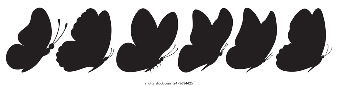 Set of black butterflies isolated on white background, collection of silhouettes. Butterfly black color, flying shape, vector design. Abstract modern monarch butterfly contours for decoration design