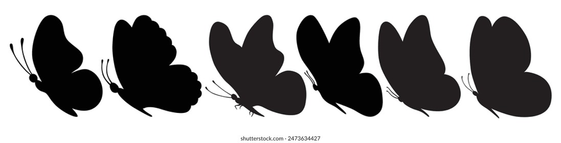 Set of black butterflies isolated on white background, collection of silhouettes. Butterfly black color, flying shape, vector design. Abstract modern monarch butterfly contours for decoration design