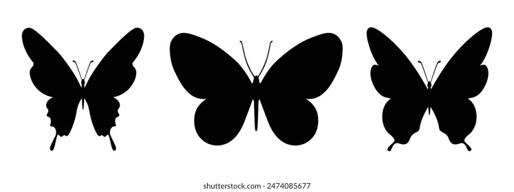 Set of black butterflies isolated on white background, collection of silhouettes. Butterfly black color, flying shape, vector design. Abstract modern monarch butterfly contours for decoration design