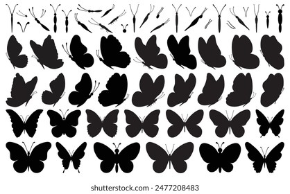 Set of black butterflies isolated on white background, collection of silhouettes. Butterfly black color, flying shape, vector design. Abstract modern monarch butterfly contours for decoration design