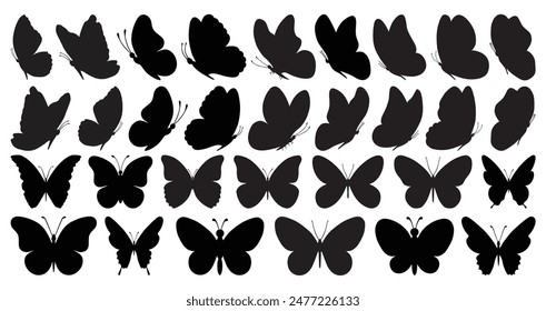 Set of black butterflies isolated on white background, collection of silhouettes. Butterfly black color, flying shape, vector design. Abstract modern monarch butterfly contours for decoration desig