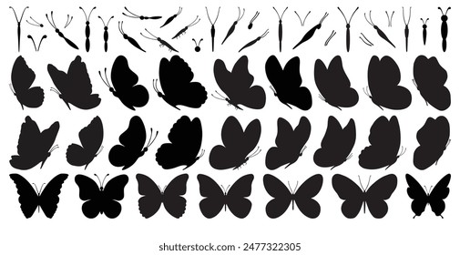 Set of black butterflies isolated on white background, collection of silhouettes. Butterfly black color, flying shape, vector design. Abstract modern monarch butterfly contours for decoration design