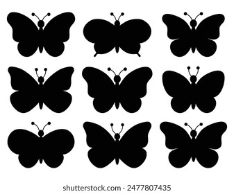 Set of black butterflies isolated on white background, collection of silhouettes. Butterfly black color, flying shape, vector design. Abstract modern monarch butterfly contours for decoration design