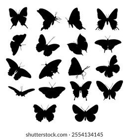 Set of black butterflies isolated on white background, collection of silhouettes. Butterfly black color, flying shape, vector design. Abstract modern monarch butterfly contours for decoration design