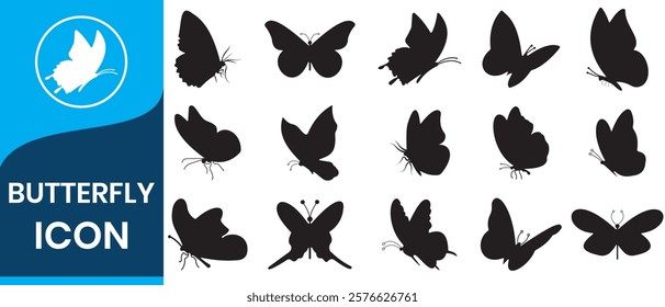 Set of black butterflies isolated on white background, collection of silhouettes. Butterfly black color, flying shape, vector design.  flying butterfly silhouette logo.