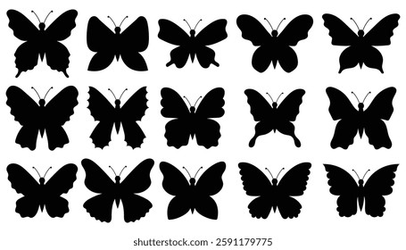 Set of black butterflies isolated on white background, collection of silhouettes. Butterfly black color, flying shape, clip art set. Abstract modern monarch butterfly contours.