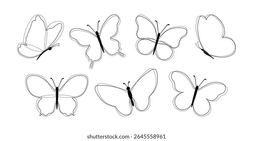 Conjunto de borboletas pretas isoladas sobre fundo branco, coleção de silhuetas. Cor preta borboleta, forma voadora, design vetorial. Contornos de borboleta monarca modernos abstratos para tatuagem de decoração