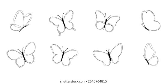 Conjunto de borboletas pretas isoladas sobre fundo branco, coleção de silhuetas. Cor preta borboleta, forma voadora, design vetorial. Contornos de borboleta monarca moderno abstrato para decoração, tatuagem