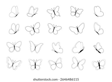 Conjunto de borboletas pretas isoladas sobre fundo branco, coleção de silhuetas. Cor preta borboleta, forma voadora, design vetorial. Contornos de borboleta monarca moderno abstrato para design de decoração