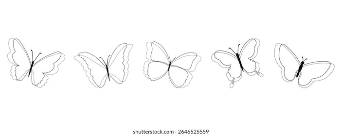 Set of black butterflies isolated on white background, collection of silhouettes. Butterfly black color, flying shape, vector design. Abstract modern monarch butterfly contours for decoration desig