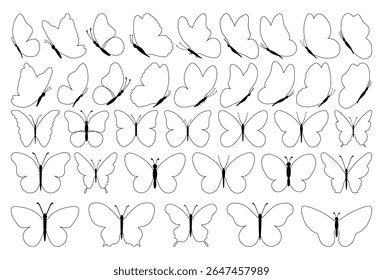 Conjunto de borboletas pretas isoladas sobre fundo branco, coleção de silhuetas. Cor preta borboleta, forma voadora, design vetorial. Contornos de borboleta monarca moderno abstrato para design de decoração